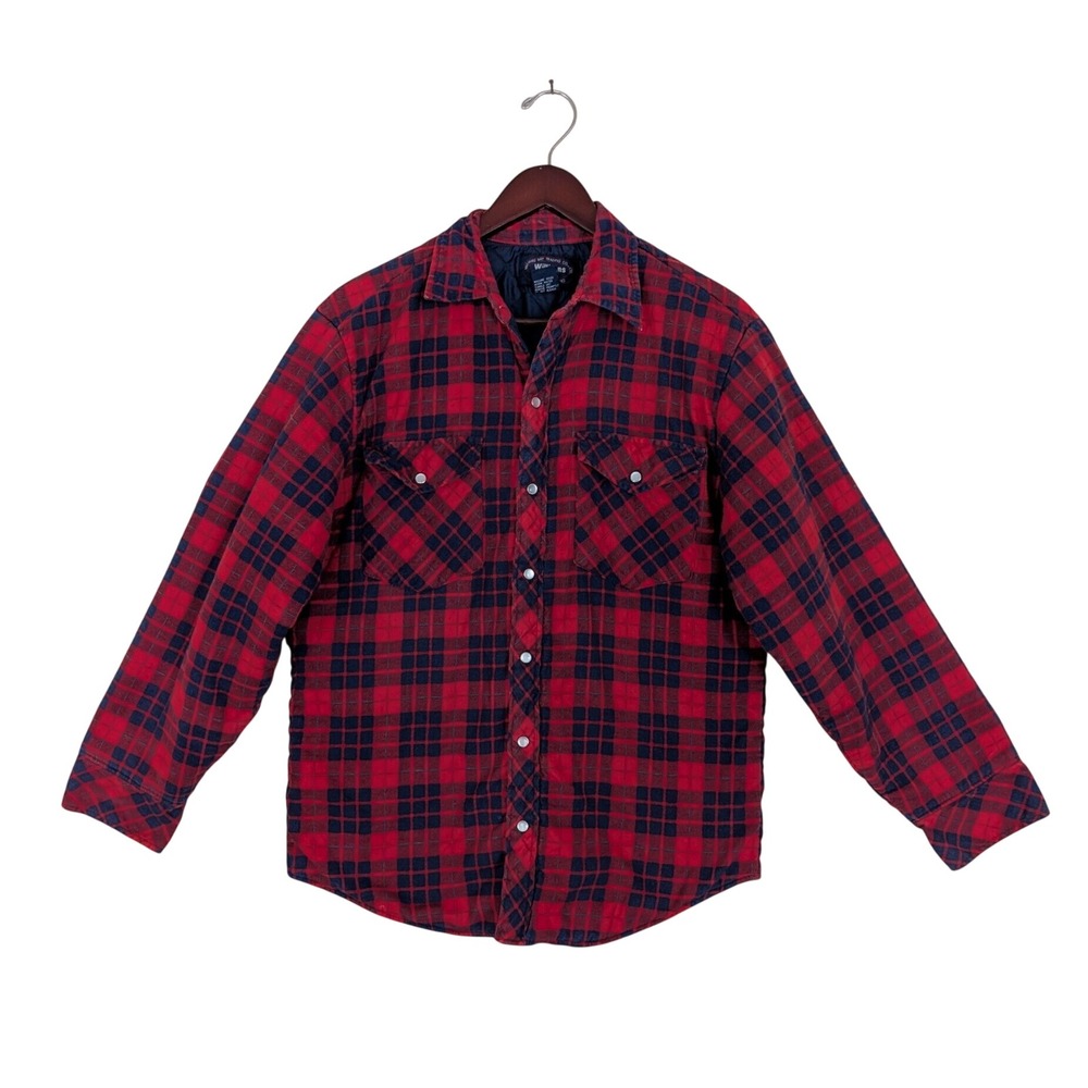 Williams Bay Mens M Quilted Flannel Shirt Jacket Red Blue Plaid Lumberjack Vtg